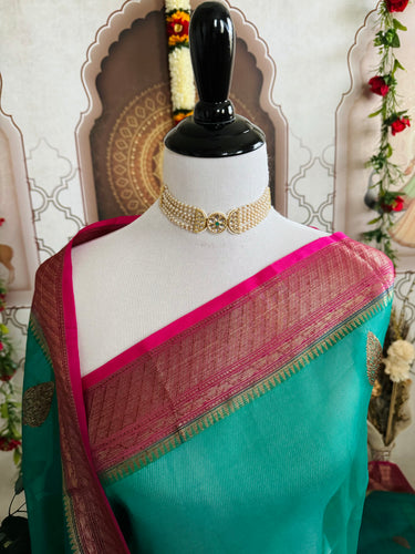 Sheer Lightweight Organza Silk Saree with Tussar Silk Border | Antique Zari | Shade of Peacock Green | Handwoven | Ships from California